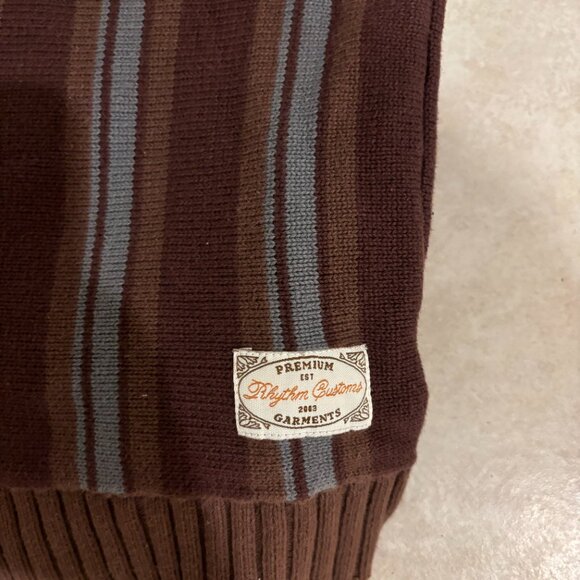 Rhythm Customs Vertical Striped Sweater in Chocolate & Blue; Men's Medium - Picture 2 of 4